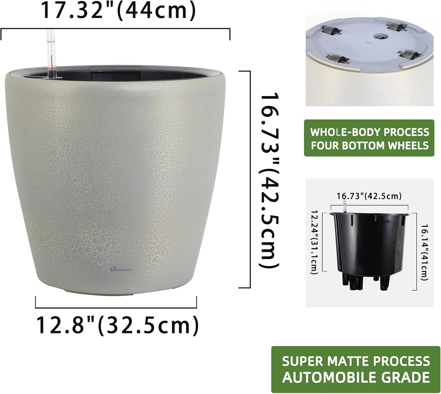 Dexceder 18x17 Self Watering Planter with Wheels Indoor Outdoor, Inner Pot Design, Thickened Large Floor Standing Flower Plant Pot with Water Level Indicator (Grey Gold Crackle)