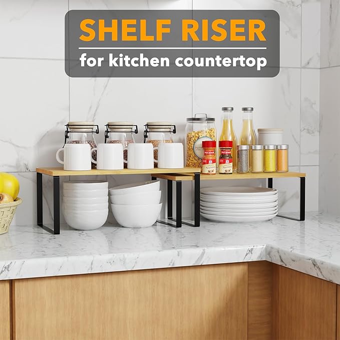SpaceAid Cabinet Shelf Organizers 2 Pack, Kitchen Counter Rack Shelves Riser, Stackable Expandable Spice Rack, Pantry Cupboard Storage Organization (Black and Natural, Long)
