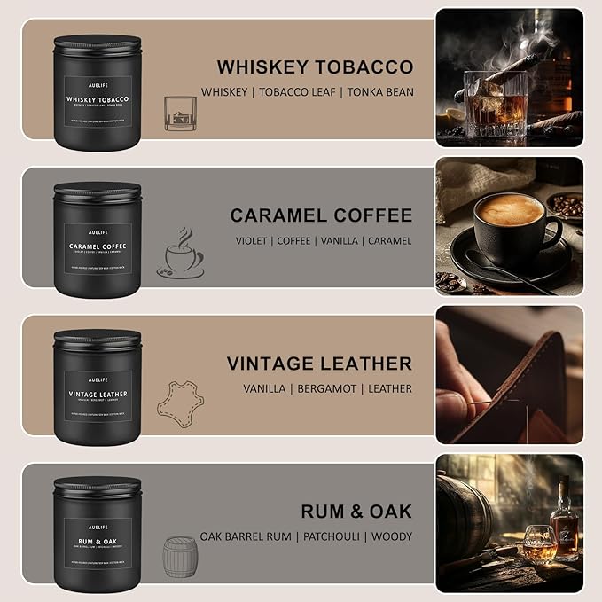 Scented Candles Set | Gifts for Men - 4Pack Candle Masculine Candle, Soy Candles for Home Scented, Aromatherapy Gifts Scents of Caramel Coffee/Whiskey Tobacco/Rum & Oak/Vintage Leather