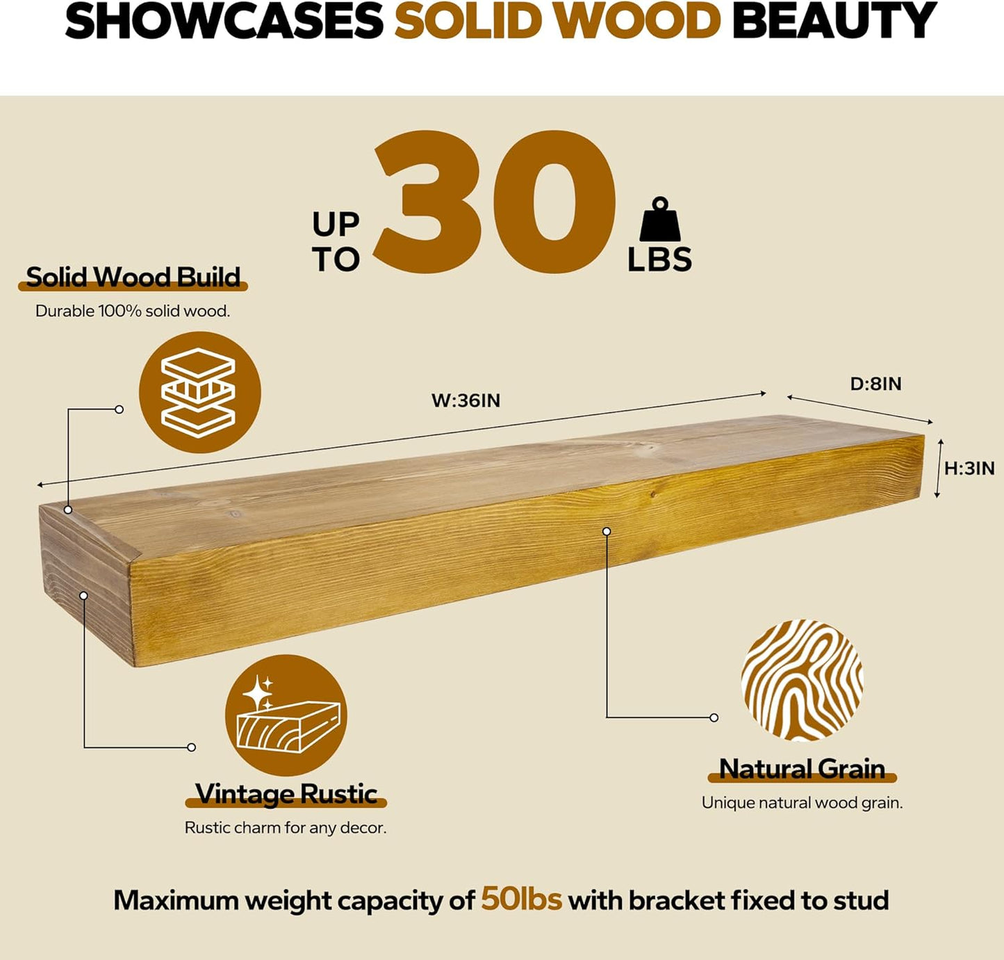 Floating Shelves 3 inch Thick for Wall Set of 2,Solid Pine Wood Wall Mount Shelf for Kitchen Living Room Bedroom Bathroom,8" D x 36" L x 3" H-Gold Oak