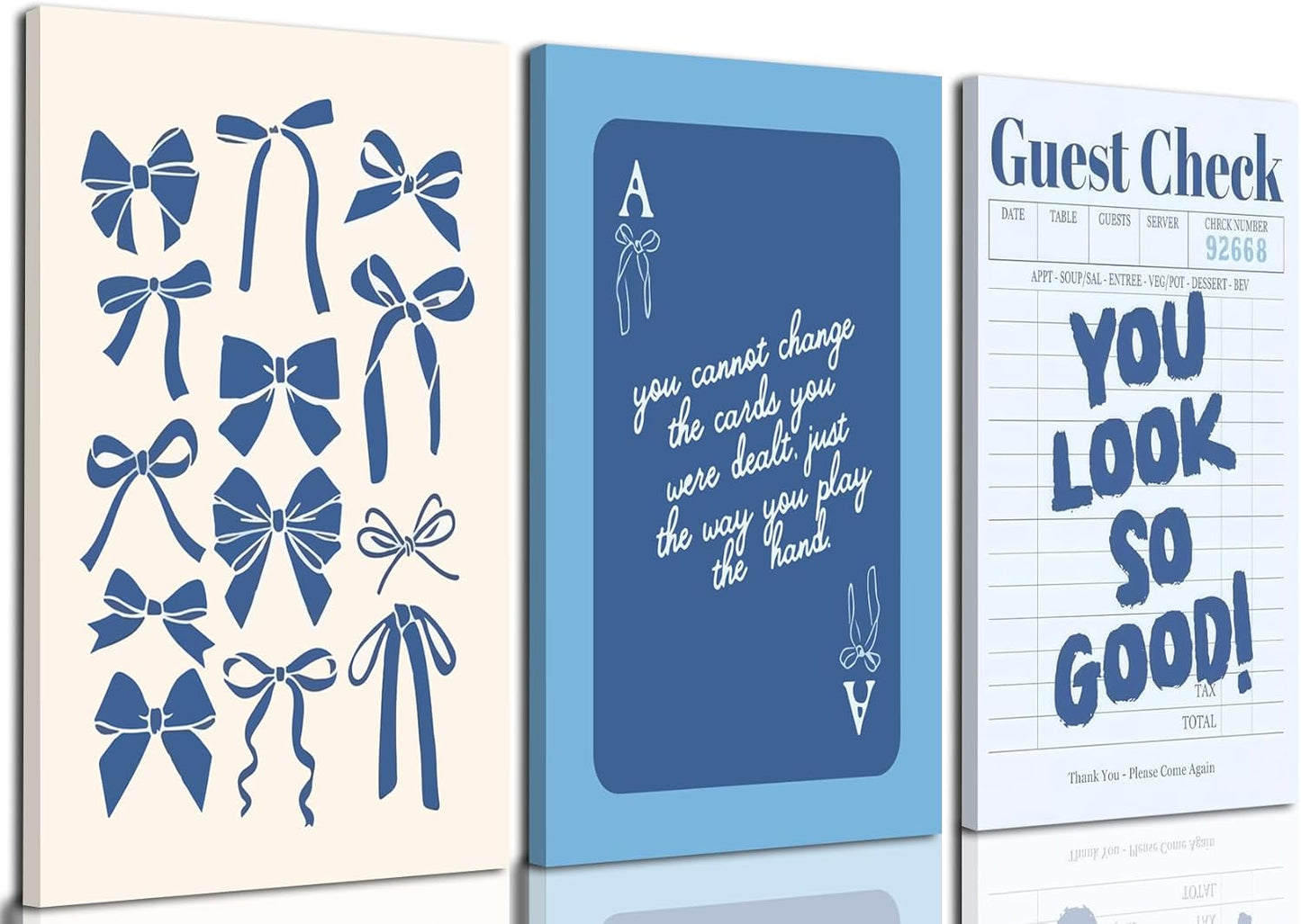 Blue Preppy Wall Art Framed Set of 3 Trendy Navy Bow Posters Retro Guest Check Canvas Prints Poker Painting Minimalist Positive Quote Picture Room Decor Aesthetic for Living Room Dorm Apartment16x24in