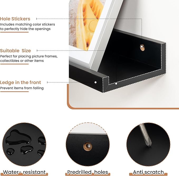 Fun Memories Picture Ledge Shelves Set of 2, 55 Inch Rustic Wall Mounted Floating Shelves with Lip for Home Storage and Décor in Bathroom, Kitchen, Nursery, Bedroom, Living Room, Black