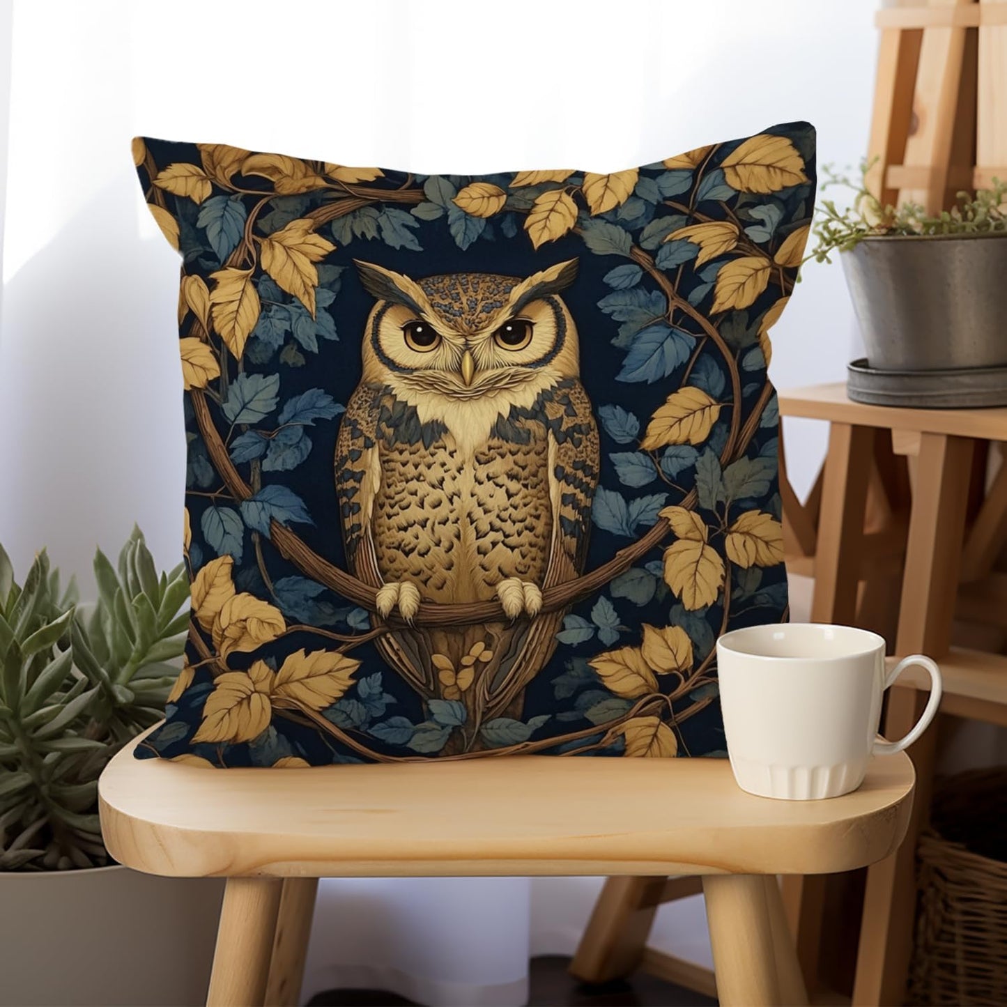 YOU FOUND ME William Morris Abstract Vintage Floral Velvet Butterfly Design Throw Pillow Covers Home Decor, Retro Art Deco Pillowcase Cushion Cover for Bed Sofa Living Room, Square 18x18inch (Owl)