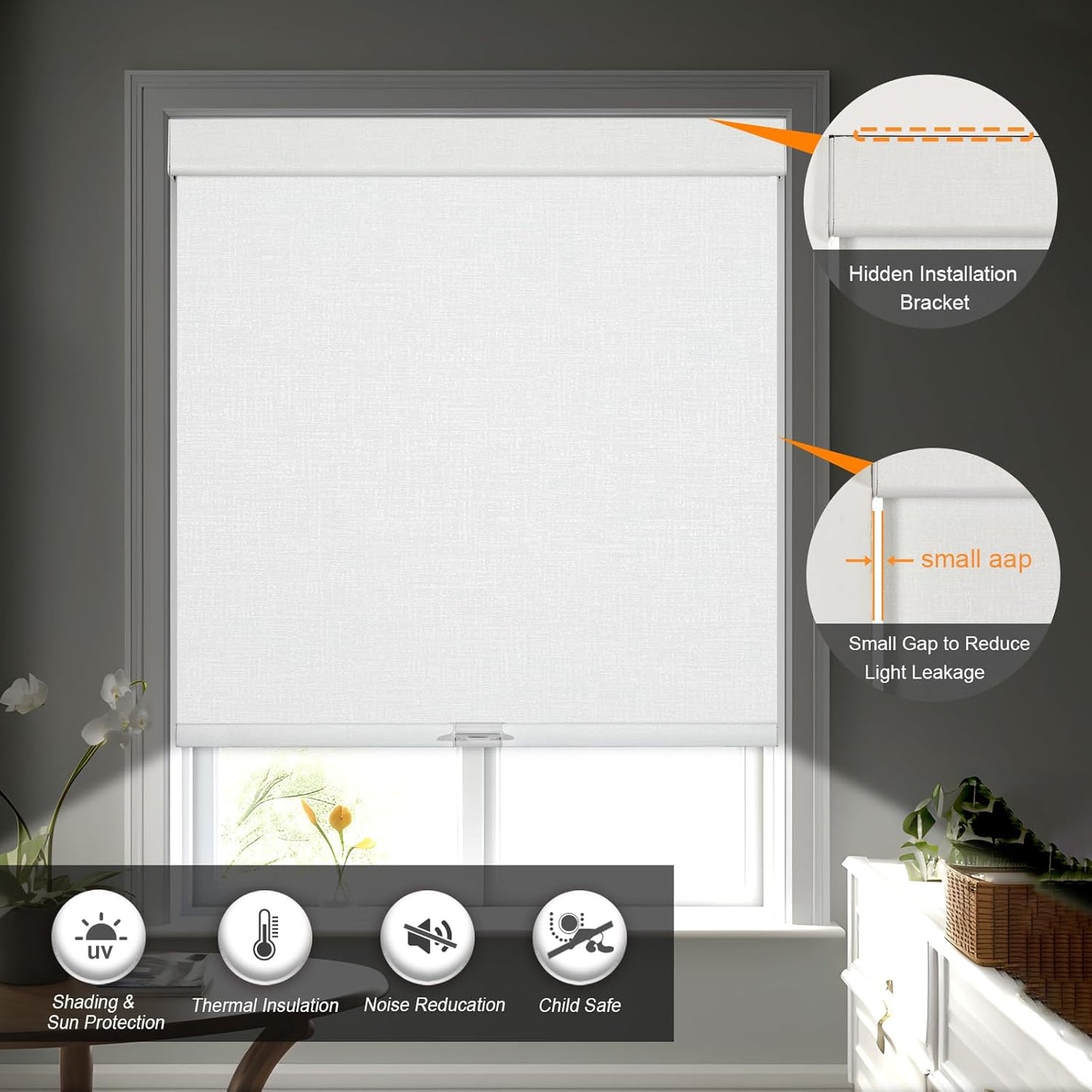 Persilux Blackout Roller Shades & Blinds Windows Shades Free-Stop Blackout Blinds with Jacquard Fabric,Cordless Blinds Pull Down Shades for Home, Easy to Install for Door/Office, White(39" W x 48" H)