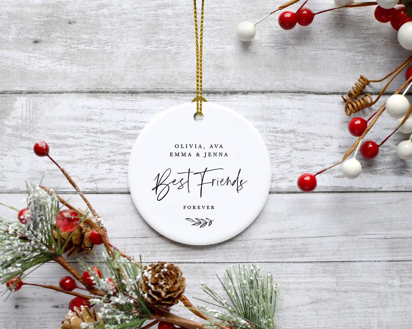 Andaz Press Personalized Best Friends Round Ceramic Porcelain Christmas Tree Ornament Keepsake Collectible Gift, Olivia, Ava, Emma & Jenna, Best Friends Forever 2025, Antique Handdrawn, 1-Pack