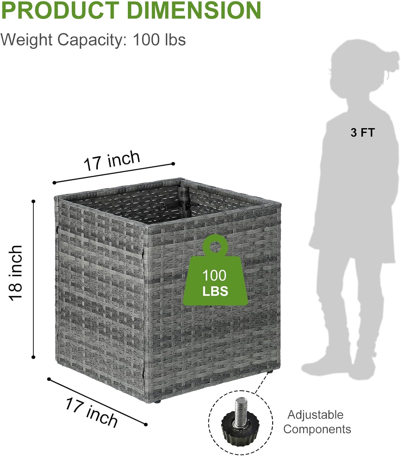 LEWIS&WAYNE Large Square Planter Box Handmade Wicker Tall Planters for Outdoor Plants with Removable Liners Modern Planter for Indoor Outdoor Garden Patio Front Porch - Gray, 17''x17''x18''