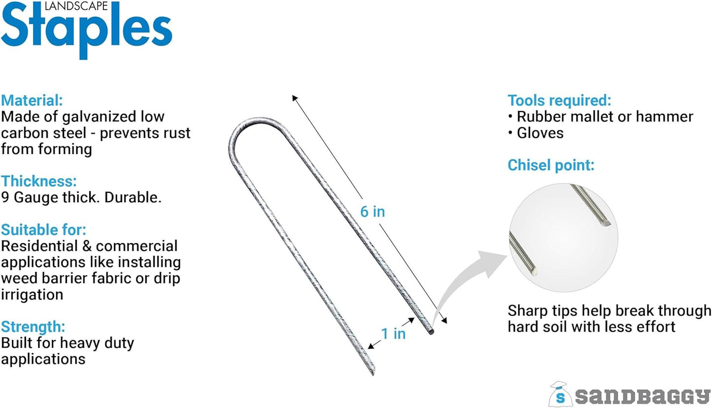 Sandbaggy Galvanized 6-Inch Landscape Staples ~ 9 Gauge Steel - Fabric Pins, Garden Earth Stakes, Ground Cover, Fence Anchors, Lawn Nails ~ Trusted by Organic Farmers Across The USA (10,000 Staples)
