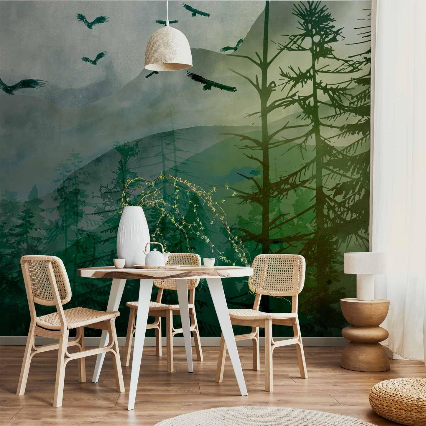 artgeist Wall Mural Peel and Stick Natura 212x98 in - XXL Self-Adhesive Corner Wallpaper Removable Large Sticker Foil Angle Wallpaper Mountains Forest Birds Clouds c-A-10017-a-b