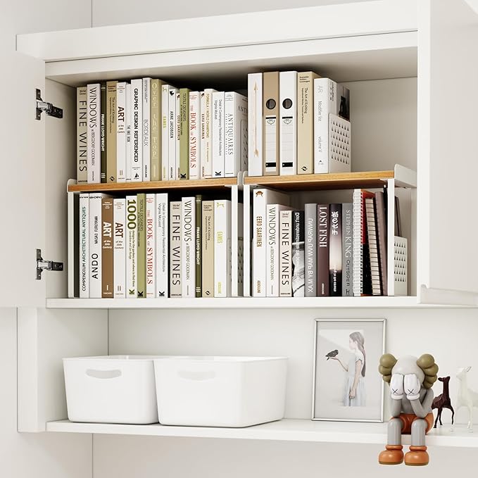 Mitus Shelf Organizer and Storage, Tiered Wood Cabinet Rack for The Kitchen Counter, Bathroom Counter, Pantry Cupboard, Office Desk Bookshelf, 16" Wide Natural and White (Large)