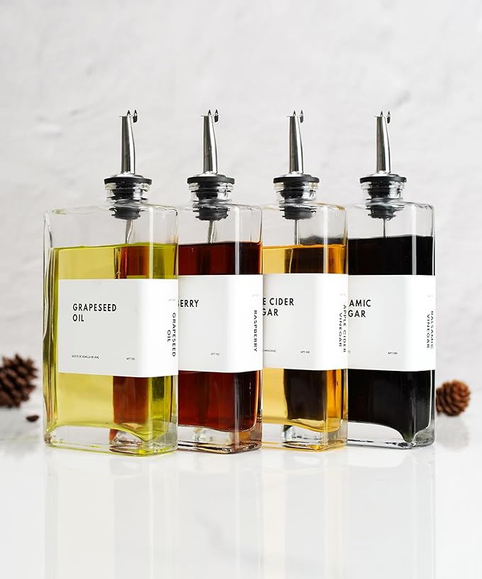 Olive Oil Dispenser for Kitchen, Cooking Oil Dispenser, Oil and Vinegar Dispenser Set, Olive Oil Bottle, Soy sauce dispenser, coffee syrup bottles - 4 pcs, Silver