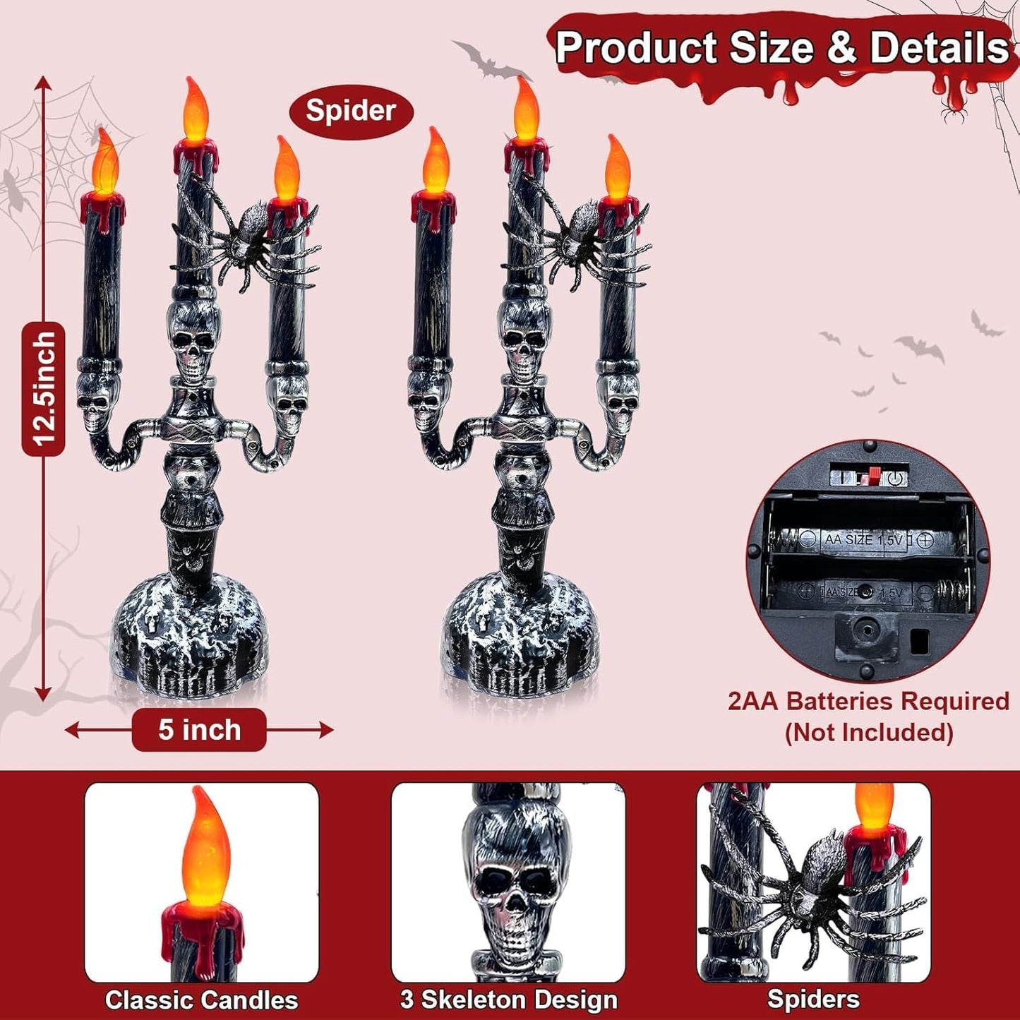TURNMEON 2 Pack Halloween Candles Halloween Decorations LED Flame Less Candelabra 3-Flickering Lamp Light Up Battery Operated Candles Holder Spider Decor Indoor Table Home Haunted Party