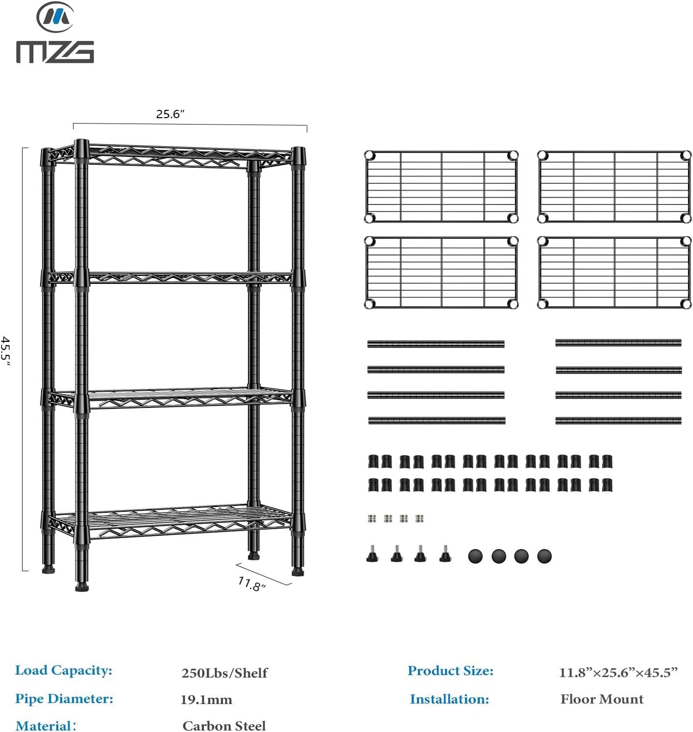 1000 lbs 4 Tier Shelf Metal Storage Shelves Wire Rack Closet Organizers for Garage Kitchen Bathroom Laundry Black 11.8" D x 25.6" W x 45.5" H
