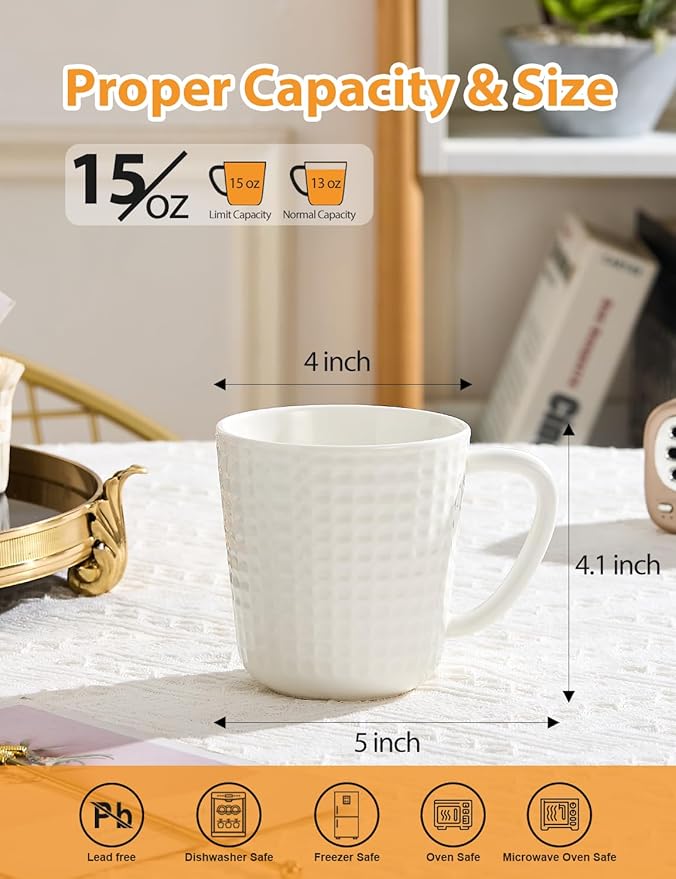 Ceramic Coffee Mugs 15 oz, Large Waffle Embossed Mug Set, Coffee Cups for Latte, Cappuccino, Cocoa, Tea, Mocha, Milk, Housewarming Wedding Present,Microwave & Dishwasher Safe - Set of 4 (White)