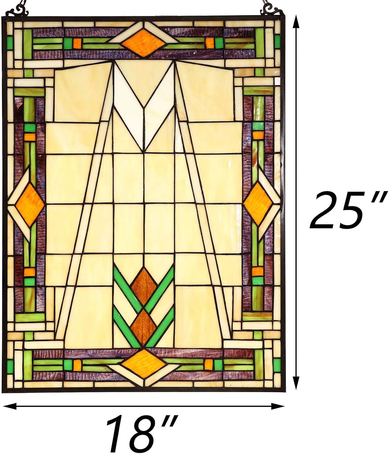 Bieye W10029 Mission Tiffany Style Stained Glass Window Panel Hangings with Chain, 18" W x 25" H