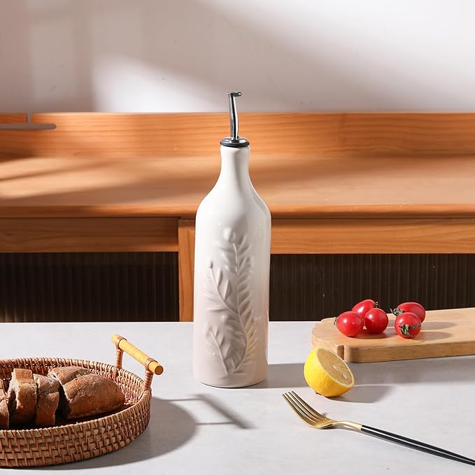 Sweejar Large Olive Oil Dispenser Bottle with Spout, 24 Oz Ceramic Oil Dispenser for Kitchen, Relief Opaque Cruet, Container for Cooking, EVOO, Vinegar, Pack of 1 (GradientFogGray)