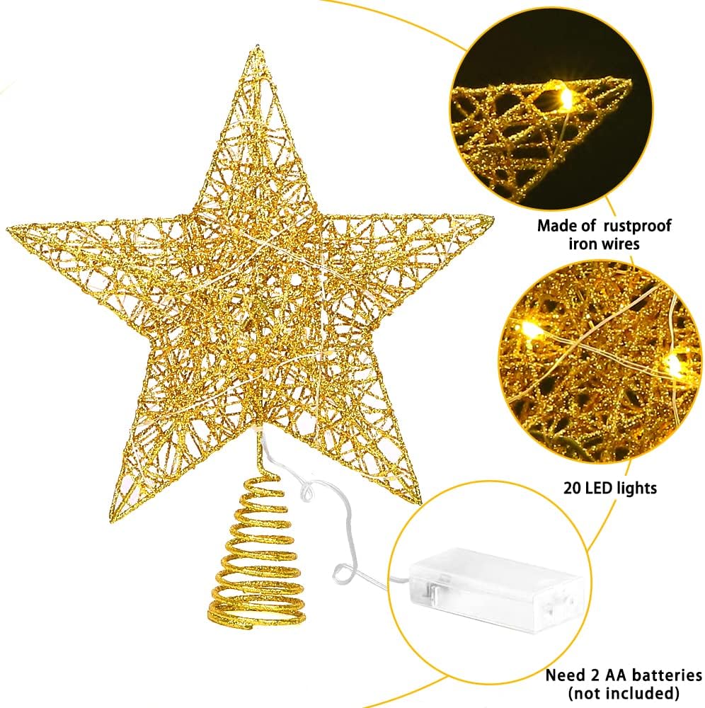 11.8 Inch LED Star Tree Topper - Gold Metal Ornament with 20 Lights for Christmas Tree Decoration