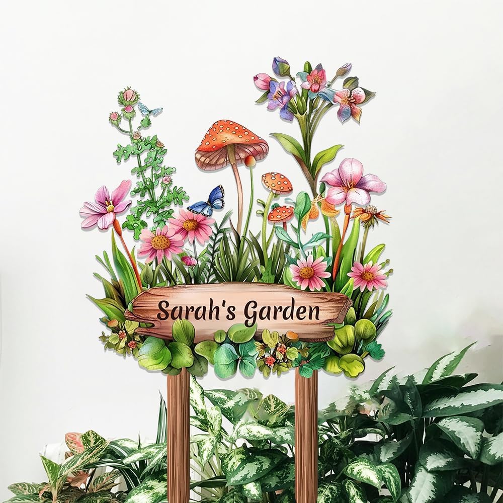 Personalized Mushroom Metal Sign with Stake,Custom Gardener Last Name Signs Outdoor Decoration,Customized Flowers Garden Accessories Decor for Grandma,Butterfly Plaques for Patio Lawn Porch Backyard
