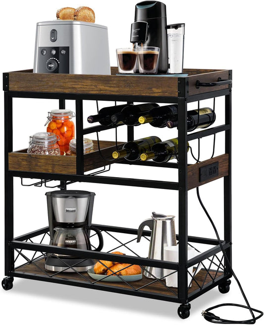 Bar Cart with Power Outlet, Industrial Kitchen Serving Cart with Wine Rack & Glass Holder, Coffee Bar Table Station with Storage, Rolling Cart on Wheels with 59IN Cord, Brown
