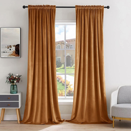 MIULEE Gold Brown Velvet Curtains Thermal Insulated Blackout Curtain Fall Drapes for Bedroom Living Room Darkening 84 Inches Long Curtains Panels Rod Pocket Set of 2