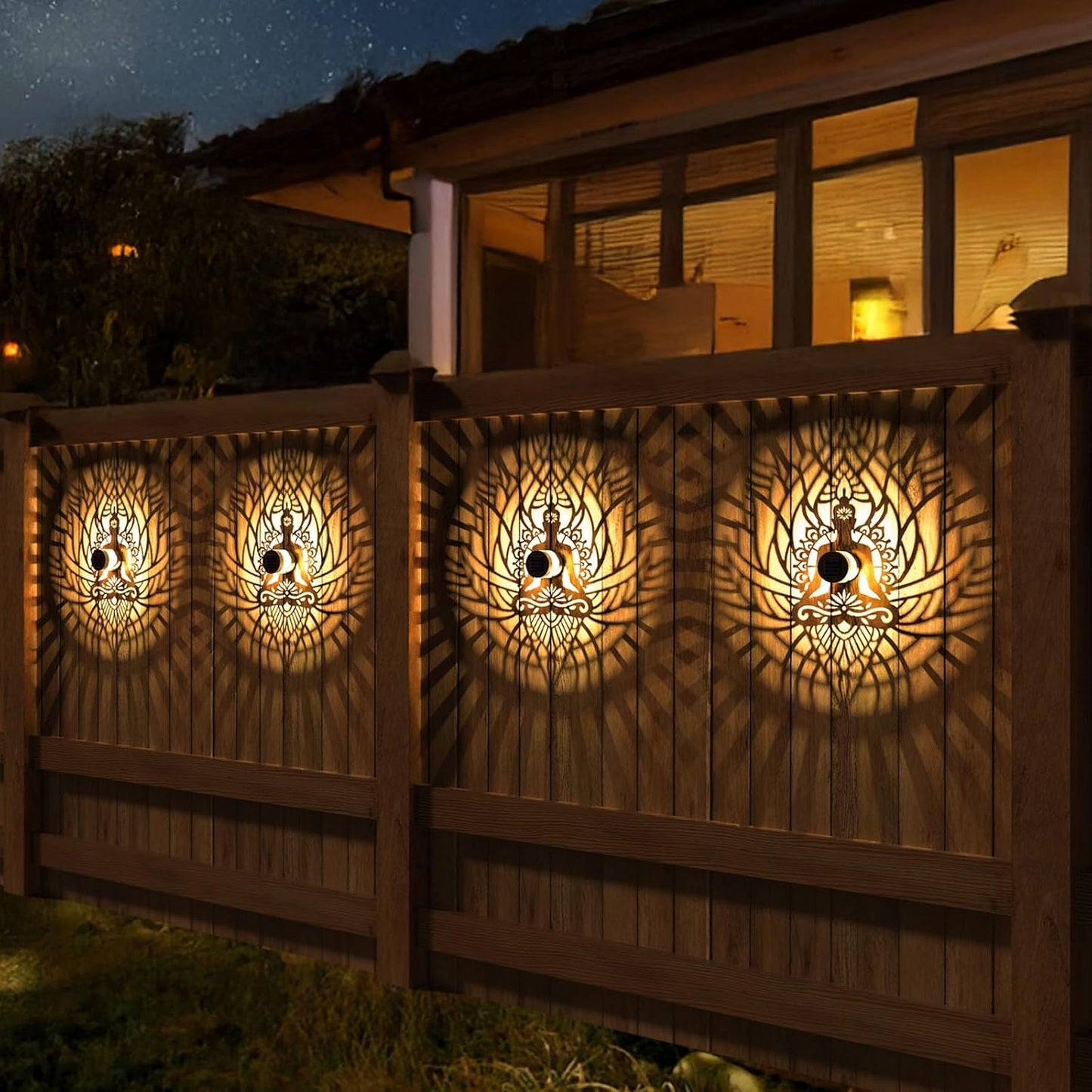 4 Pack Solar Fence Lights Metal Solar Powered Outdoor Wall Deck Step Lights Zen Theme Waterproof Fence Light for Garden Post Patio Backyard Yard Decor, Gardening Gifts for Women Mom Grandma