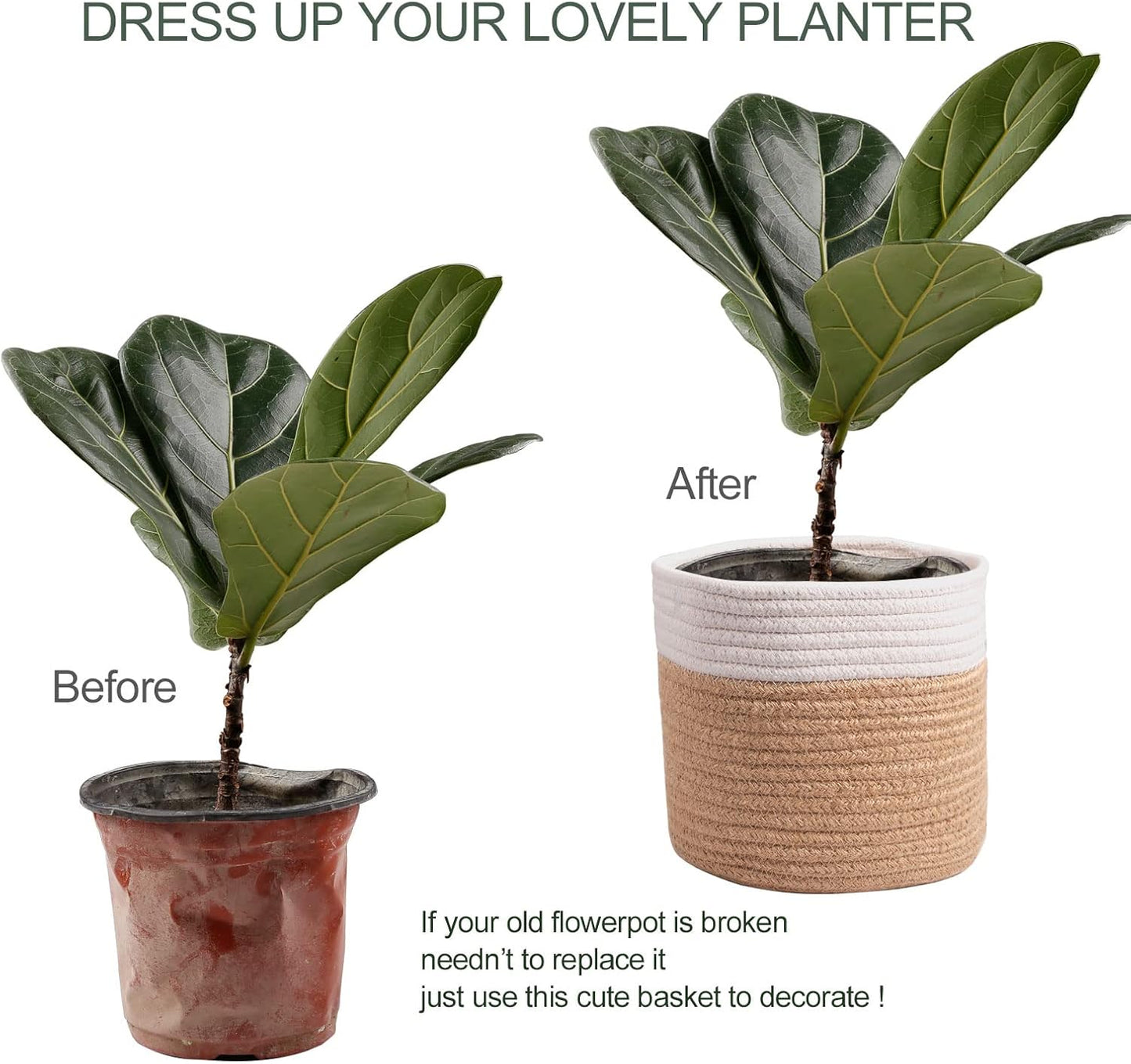 11" Cotton Rope Plant Basket Modern Woven Baskets for 10" Flower Pot Floor Indoor Planters,Storage Organizer Baskets Home Decor,Brown White 11"x 11"