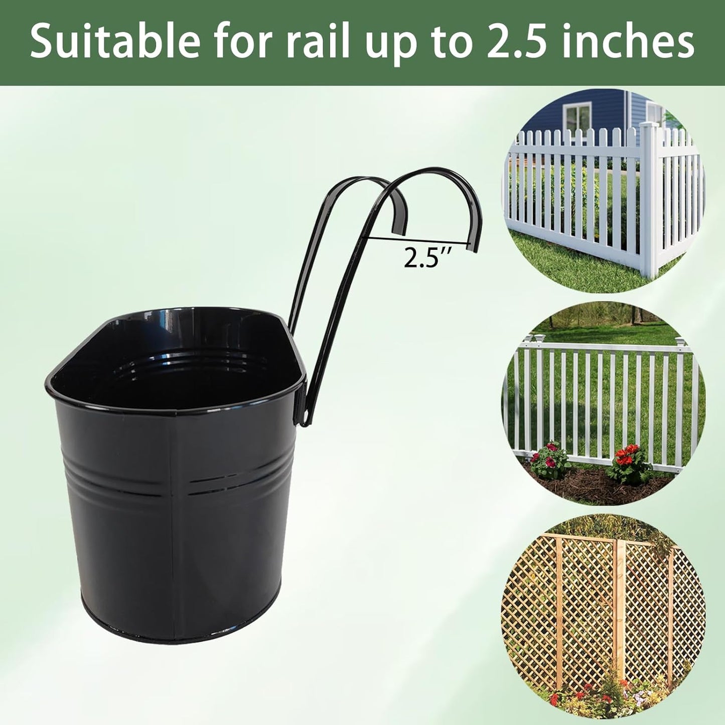 2 Pack Metal Hanging Planter for Outdoor Plants, 10 Inch Black Fence Planters Railing Pots for Garden Patio Balcony Decor, Flower Bucket with Detachable Hooks (Black, 2Pcs)