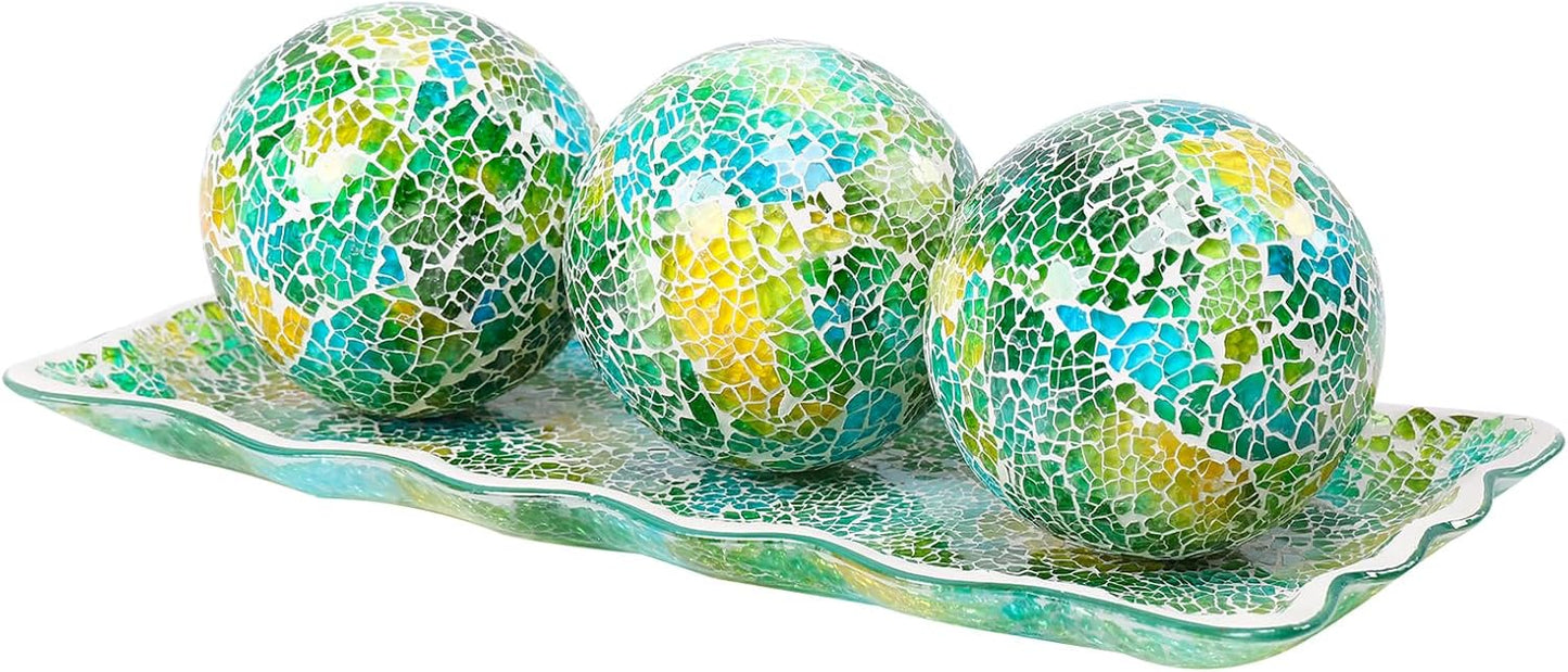 VCUTEKA Decorative Balls and Glass Bowl, 4 Inch Mosaic Sphere Balls Centerpiece Balls for Coffee Table, Home Decor, Wedding Party Decor, Green