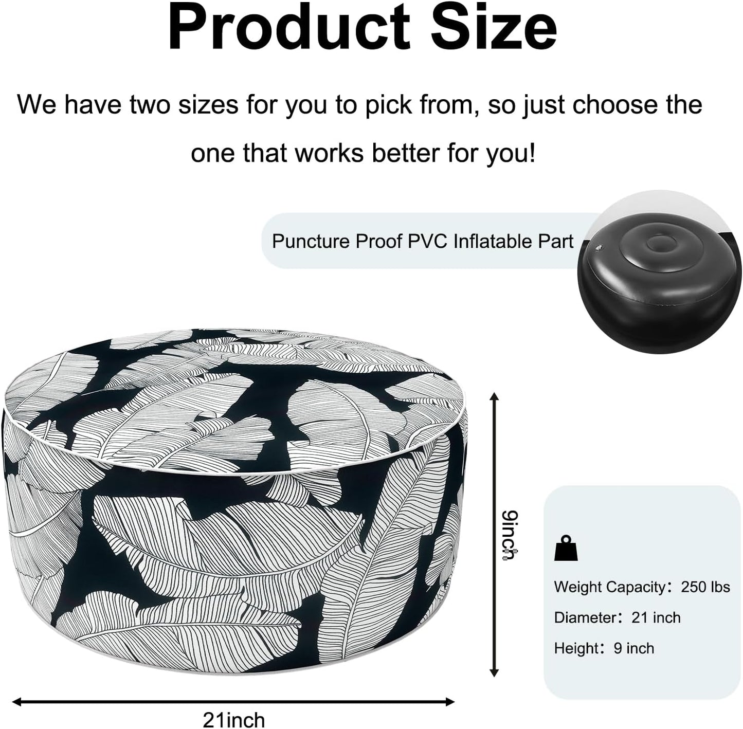 Inflatable Ottoman Stool D21 xH9 for Outdoor/Indoor Use, Water Repellent Patio Foot Rest Stool with Portable Handle,Round Pouf Ottoman Suitable for Garden,Deck and Camping - Black Leaves