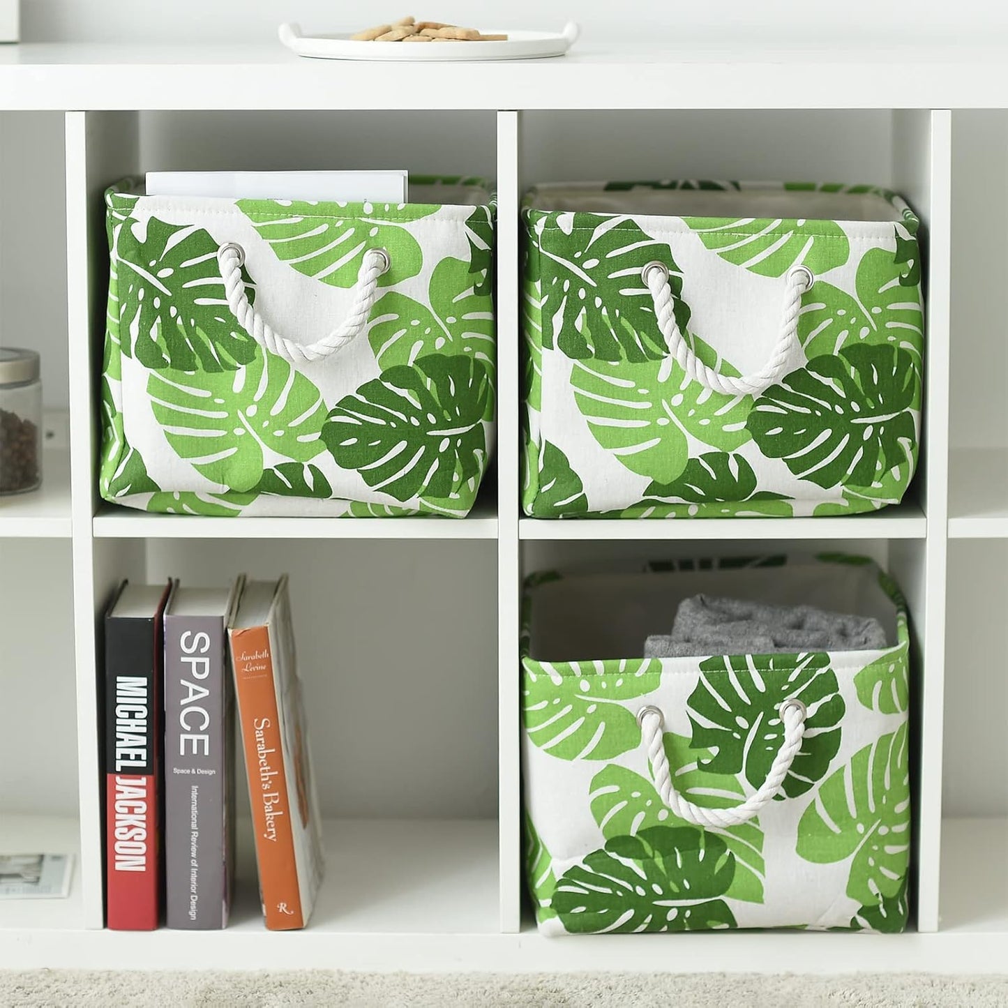 Storage Cubes, Storage Bins Baskets for Organizing 4 Pack for Organizing Toys, Clothes, Closet Baskets with Rope Handles for Nursery Home(White and Green,15.7"L×11.8"W×8.2"H)