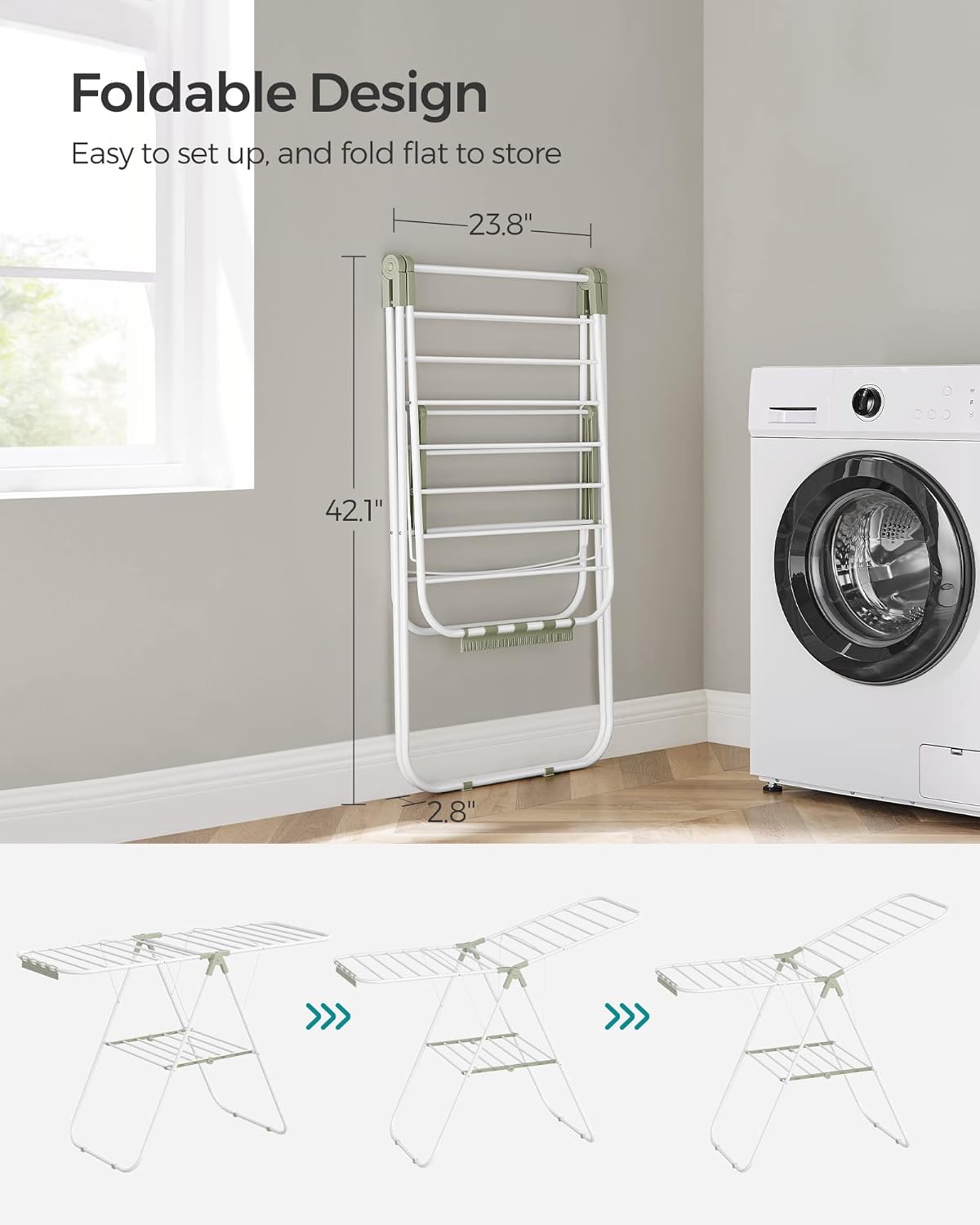 SONGMICS Clothes Drying Rack, with Sock Clips, Metal Laundry Rack, Foldable, Space-Saving, Free-Standing Airer, with 2 Height-Adjustable Gullwings, Indoor Outdoor Use, White and Green ULLR052C01