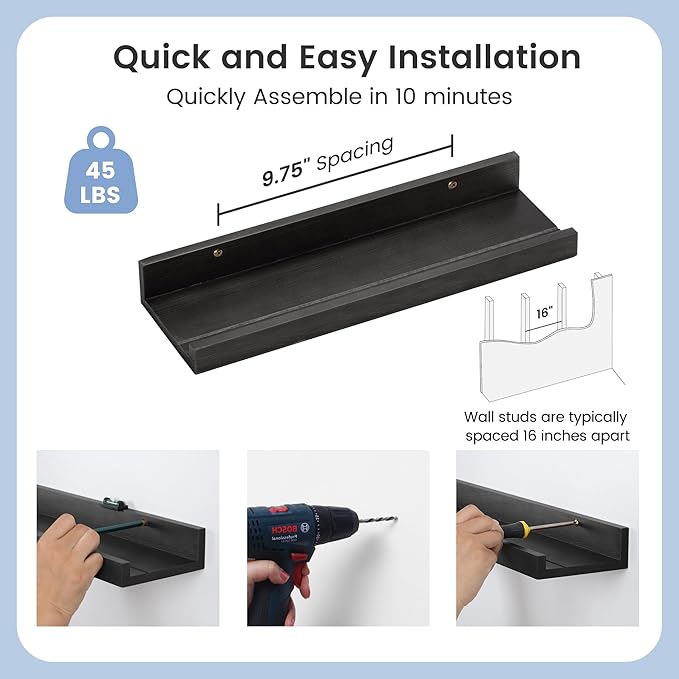 Picture Ledge Wall Shelves - 16 Inch Width Set of 3, Solid Pine Wood Rustic Floating Ledge Shelves for Kids' Room, Bedroom, Kitchen, Bathroom, Living Room, Nursery Display Decor, Black