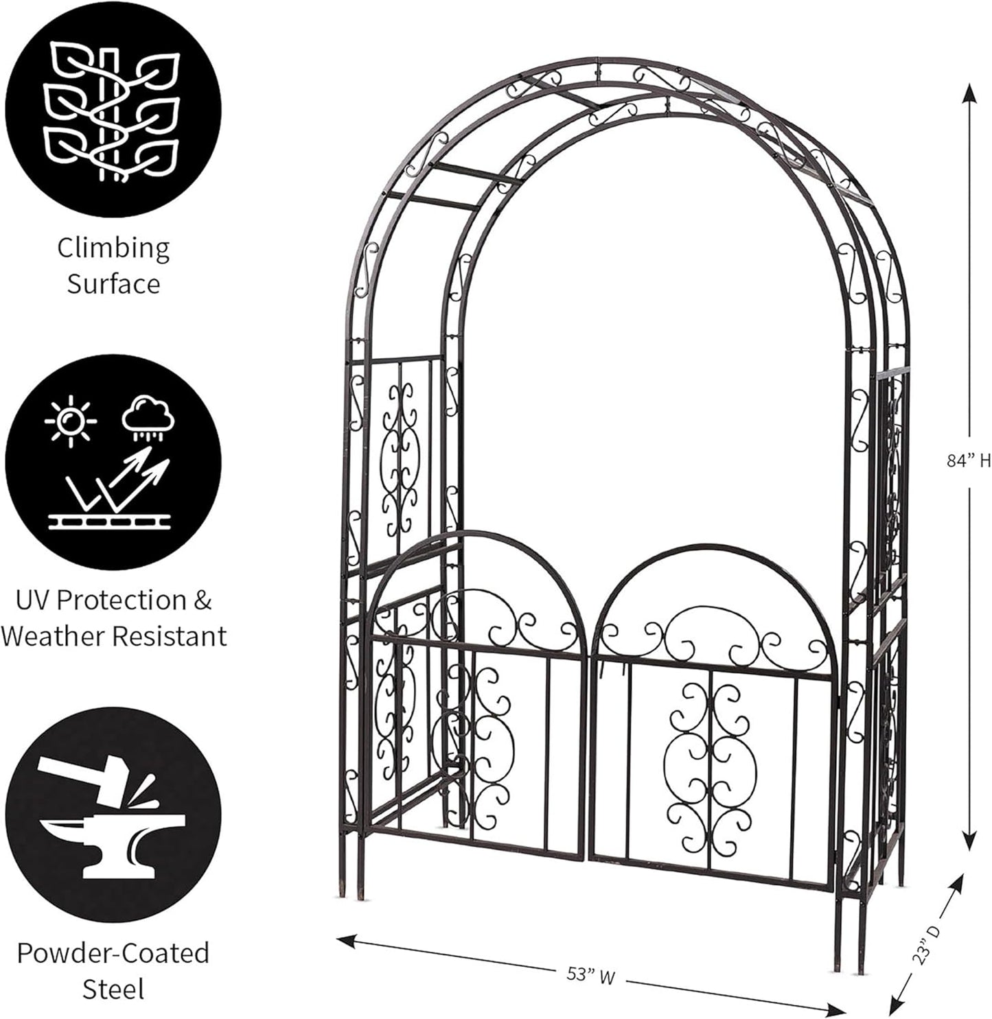 Plow & Hearth Arch Metal Outdoor Garden Arbor Double Gate | Montebello | 7 Feet Tall | Gunmetal Black | Trellis Lattice Climbing Plants