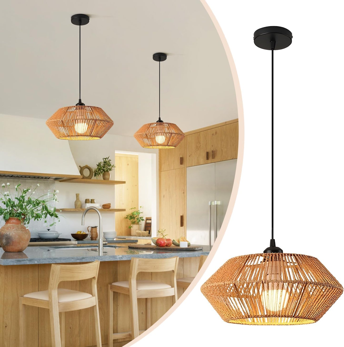 Rattan Pendant Light Fixture Ceiling Bohemian Chandelier Wicker Pendant Light 12.2in Woven Hanging lamp for Bedroom Kitchen Island Hallway