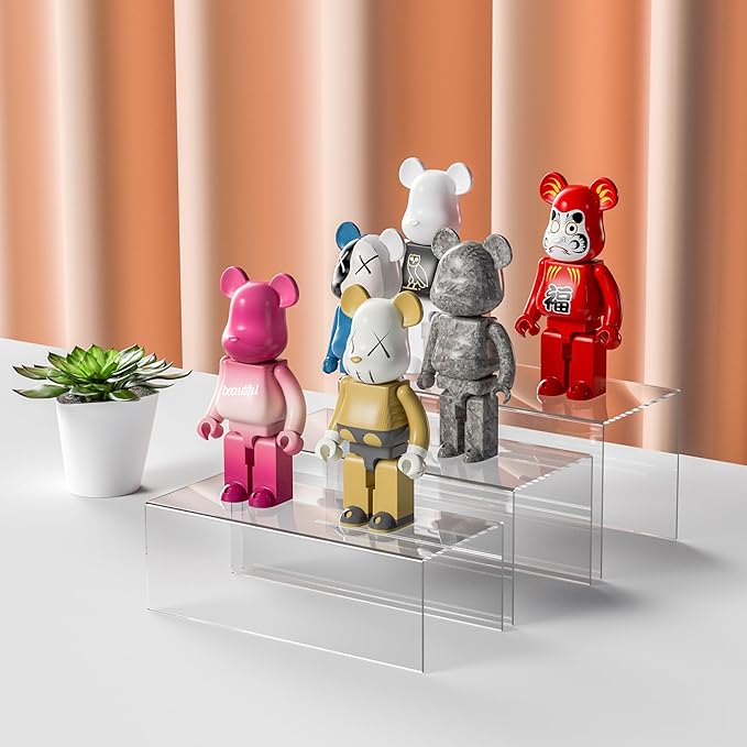 Clear Display Risers Shelf 3pcs, Countertop Rectangular Acrylic Display Storage Organizer, Acrylic Stands for Funko Pop Figure, Cosmetics, Bags, Shoes, Toys, Collectibles - 12- 4'', 5'', 6''