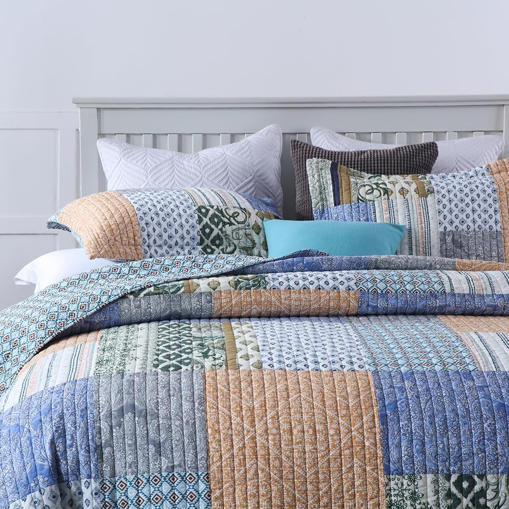 Cotton Bedspread Quilt Sets 3 Pieces Reversible Coverlet Sets Comforters Blue Bohemian Patchwork Bedspread,Blue Paisley Pattern, Queen Size