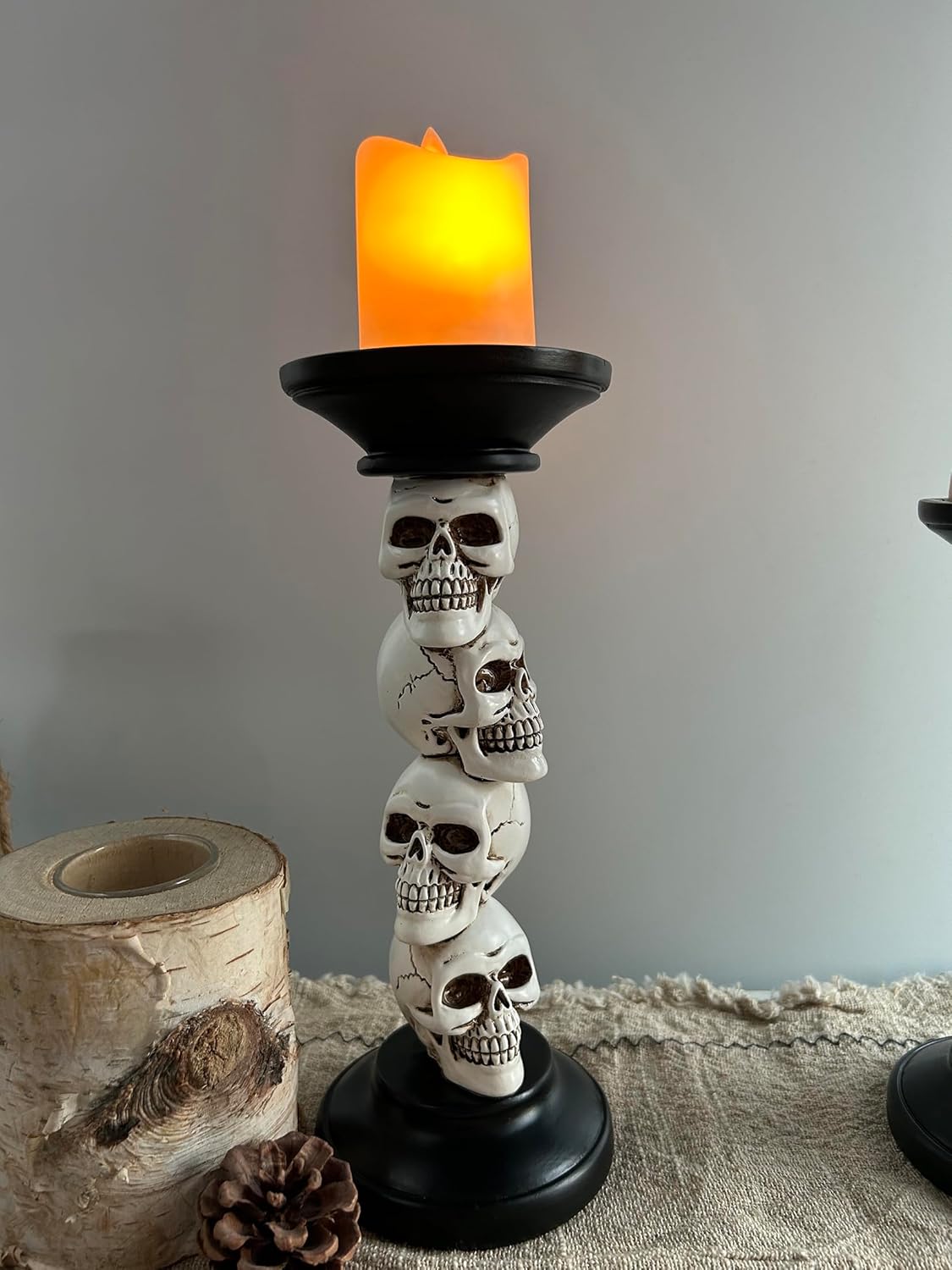 Pillar Candle Holder for Halloween Decoration Indoor, Skull Candlestick Holder, Skeleton Candlestick Holder Spooky Decor Black Taper Candle Holders