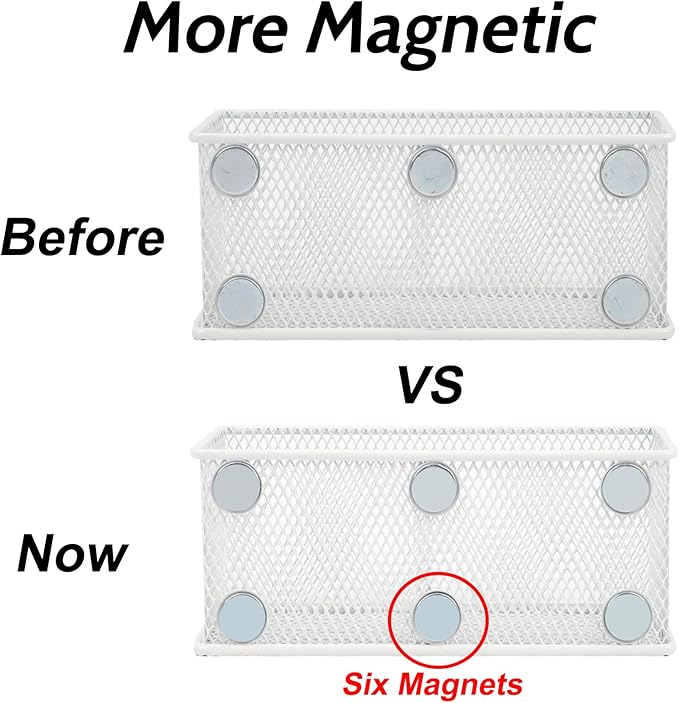 EASEPRES Magnetic Pencil Holder Set of 6 - Wire Mesh Storage Baskets Organizer with Strong Magnets - Perfect for Whiteboard, Refrigerator and Locker Accessories, White