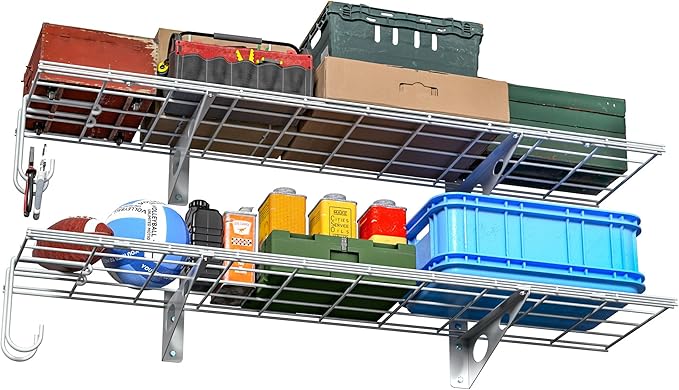 EVERHANGER Garage Wall Shelves, 12 X 48 Inch Wall Mounted Storage Shelves, Heavy Duty Metal Shelving with Hooks, 2 Pack, White