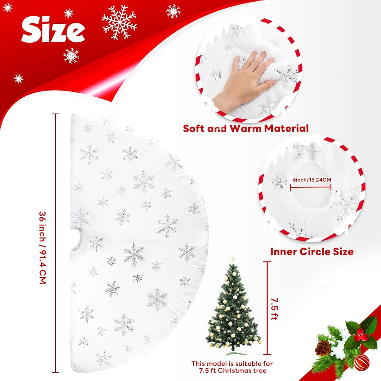 Christmas Tree Skirt 36 Inch, Holiday Part Decorations for Christmas Tree, Whit Plush Sliver Sequin Snowflake Tree Shirt for Xmas