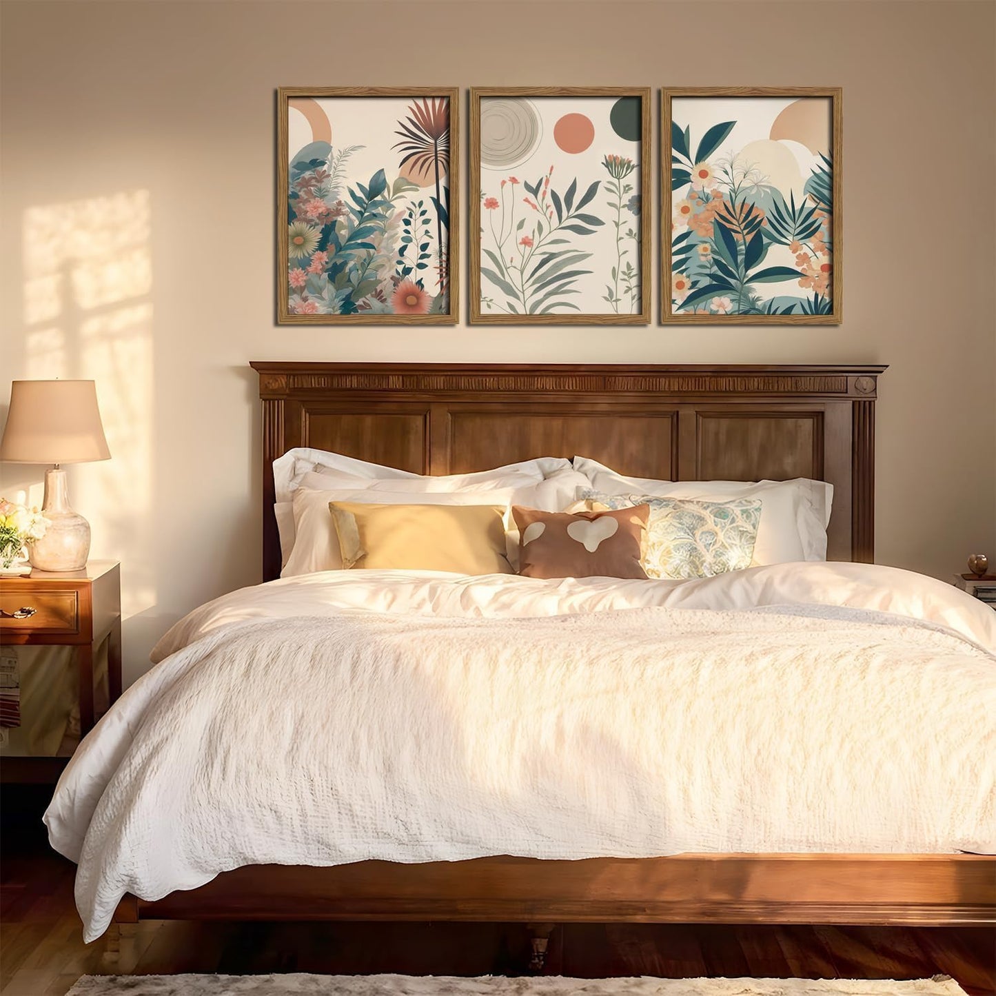 Marllifenney Wood Framed Orange Plants Canvas Wall Art Set of 3 Boho Botanical Wall Decor Abstract Floral Poster Modern Nature Prints Painting Picture for Living Room Bedroom Kitchen Office 16x24in