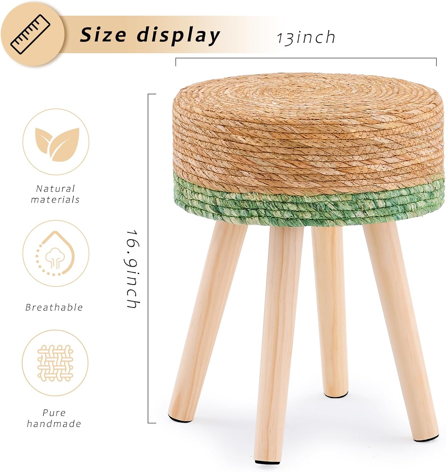 Handwoven Outdoor Ottoman, Water Hyacinth Pouf Round Patio Footstool with Wood Legs, 17-Inch Multipurpose Vanity Stool, Dining Chair, Patio Footrest for Balcony and Garden, Green