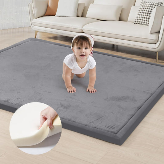 ACOMOPACK Baby Play Mat for Floor 1.3" Thick Memory Foam Play Mat 71"×79" Tummy Time Crawling with Non-Slip Bottom for Living Room,Nursery,Soft Velvet Playpen Mats for Kids,Infants（Dark Grey）