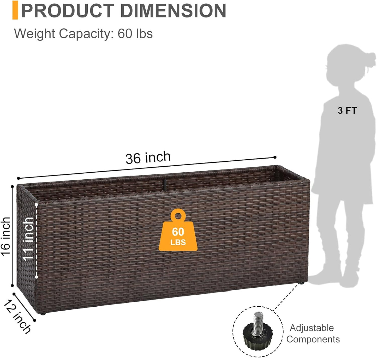 SUNNYPARK Set of 2 Large Rectangular Planter with Removable Liner, All-Weather PE Rattan Modern Planters Indoor Outdoor Flower Plant Pots Garden Box Patio Yard Front Porch Deck