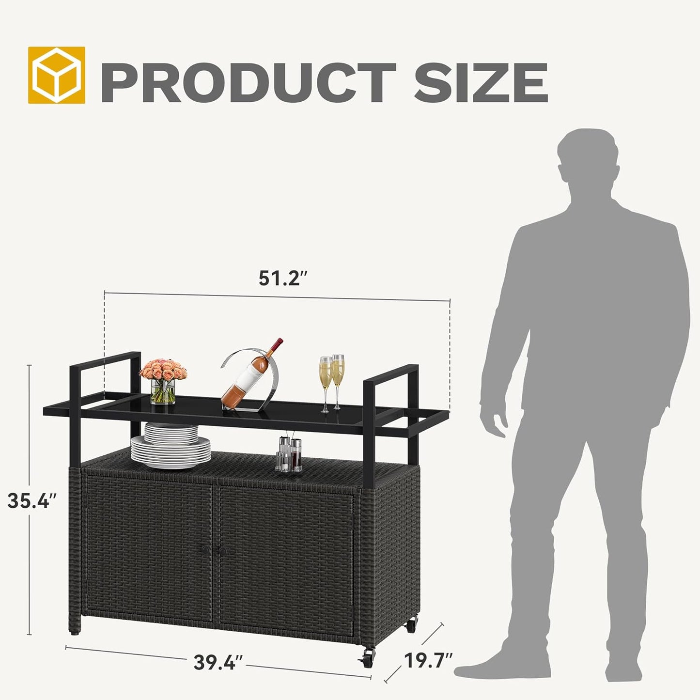 DWVO Patio Bar Table,Outdoor Kitchen Island with Glass Top,Rattan Patio Storage Cabinet with Wheels,Bar Cart for Poolside and Backyard,Black