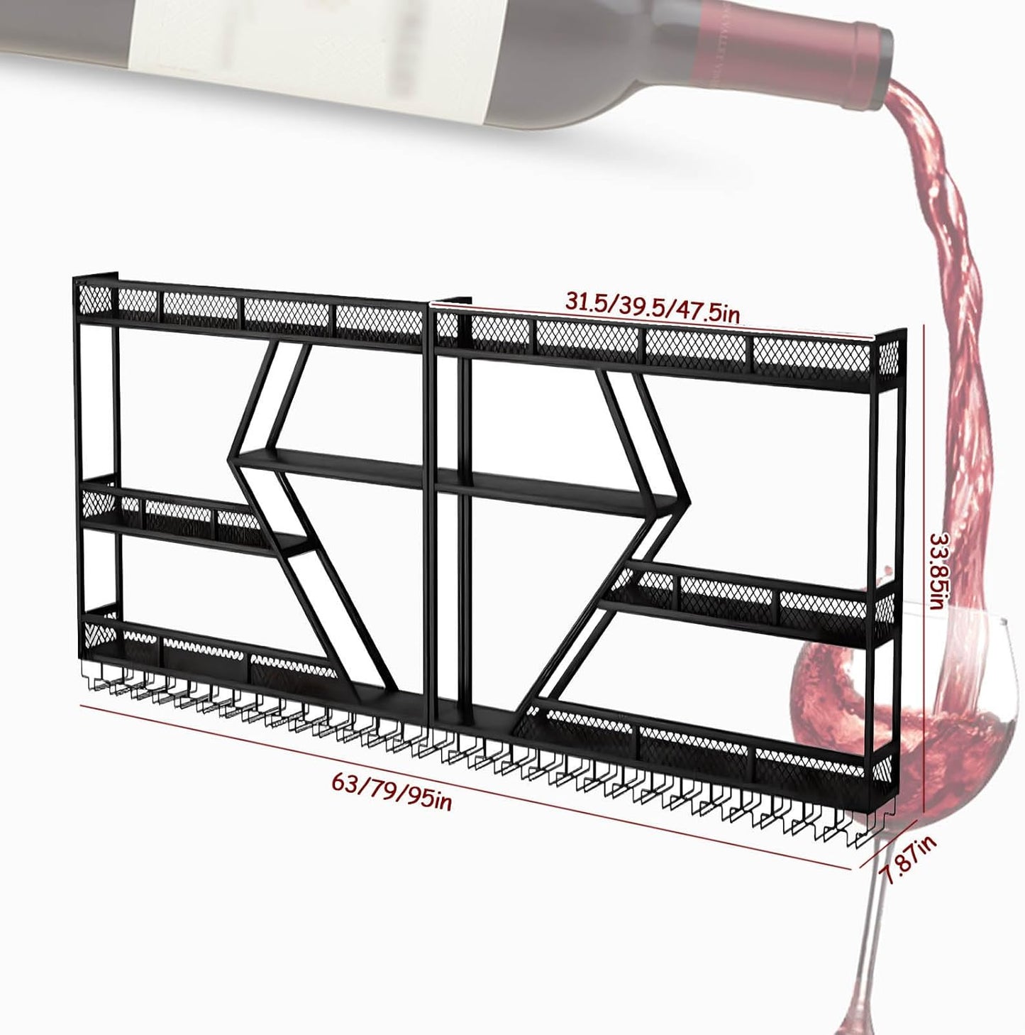 Wall Mounted Wine Rack with Glass Holder, 3-Tier Metal Storage Shelf, Black Diamond Design, Wine Bottle Display with Stemware Storage (Black, 39.37in/Left)