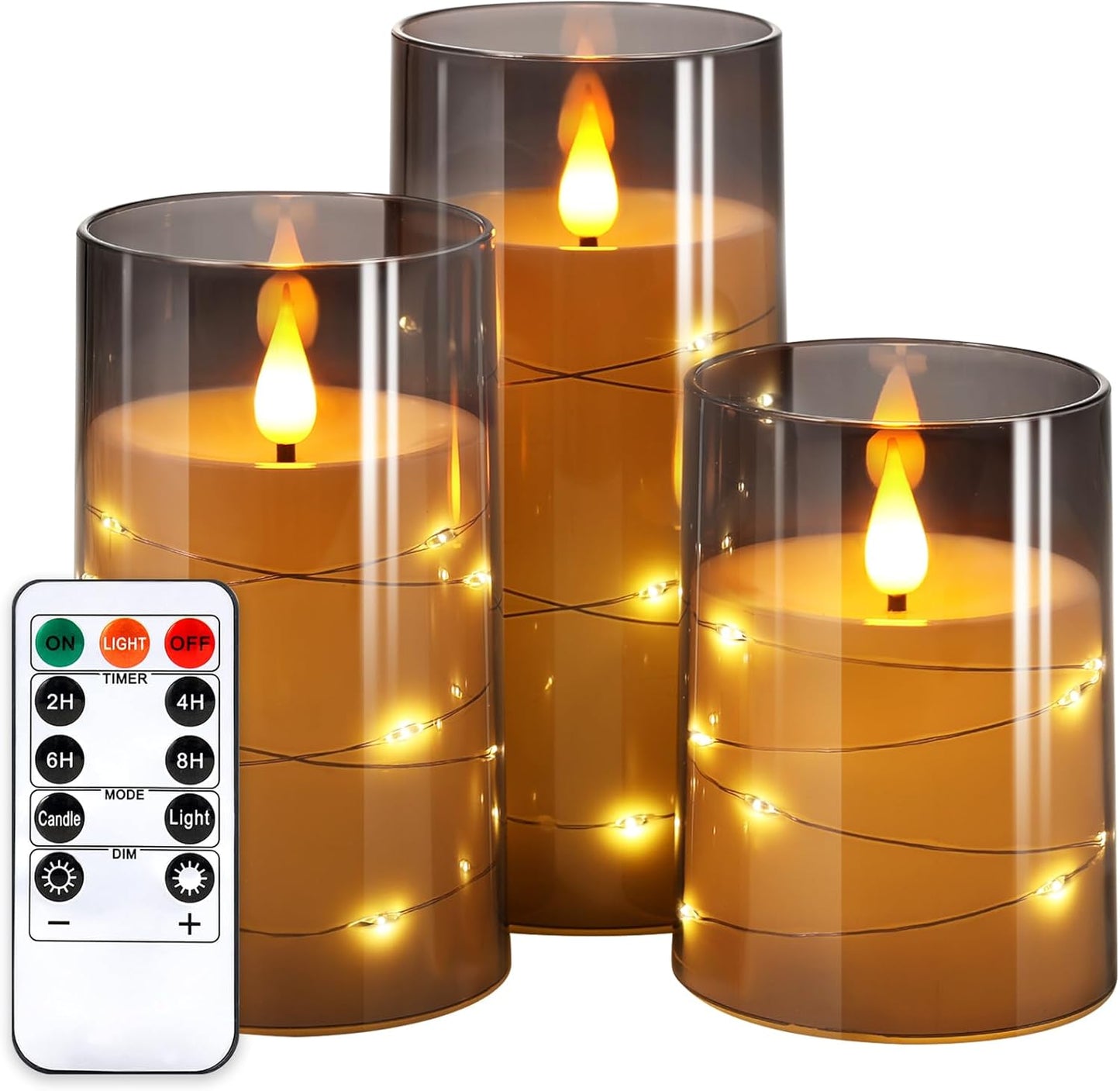 NURADA Flickering Flameless Candles: Built-in Star String Lights Unbreakable 3D Wick Acrylic Battery Operated LED Pillar Candles with Remote and Timer for Romantic Mood Home Decoration - 3 Pack Gray