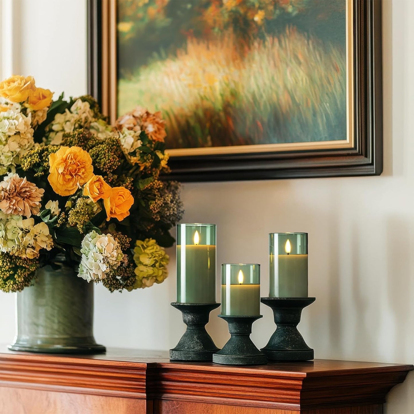 Amagic Green Glass Flameless Candles with Remote and Timer, Real Wax Battery Operated Candles, Flickering Electric LED Pillar Candles for St. Patrick's Day, Christmas Party Decor, Set of 3