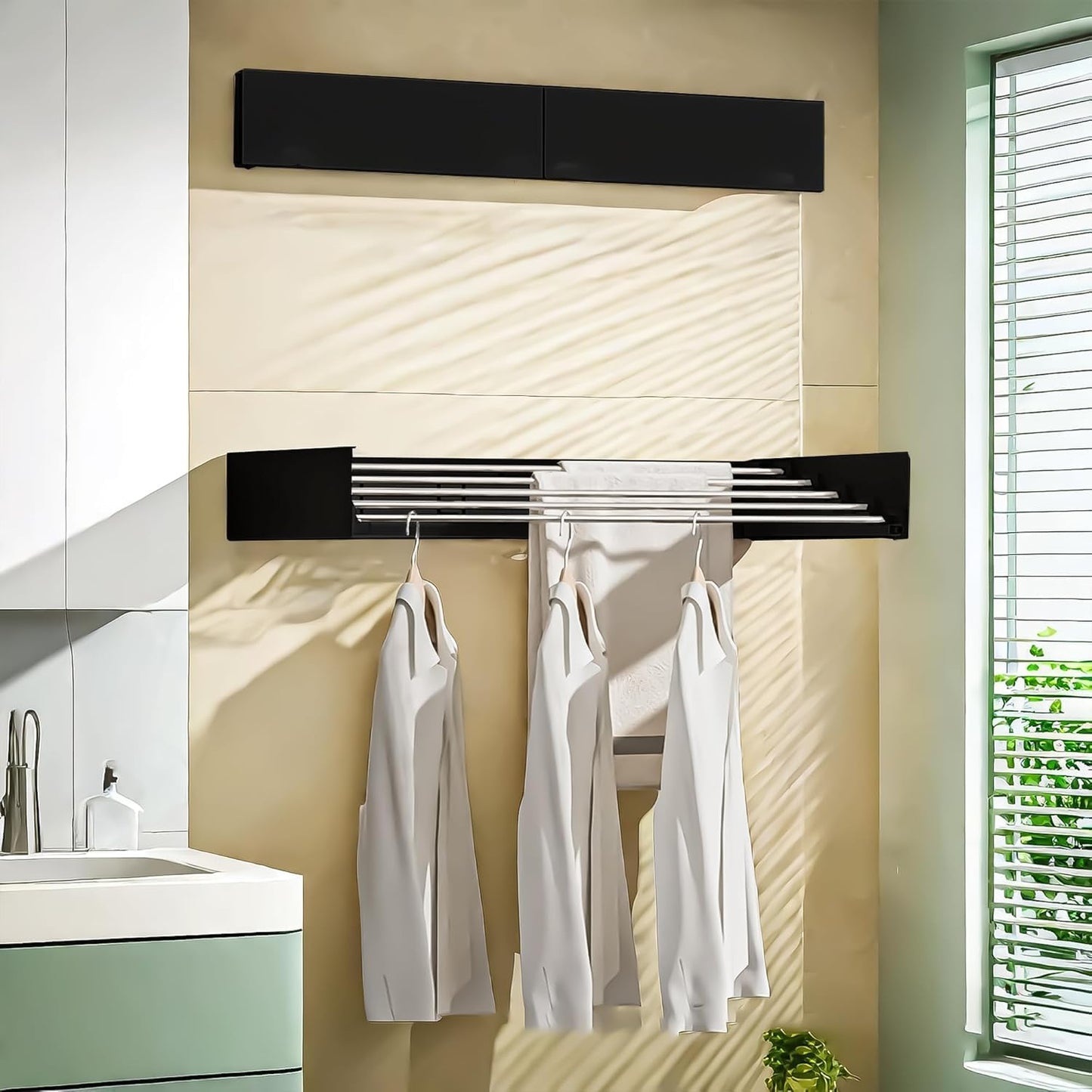 Laundry Drying Rack Collapsible, Wall Mounted Clothes Drying Rack. 39.37" Wide, 19.3 Linear Ft, 5 Aluminum Rods, with Wall Template, Screwdriver Bit (Black 1M)