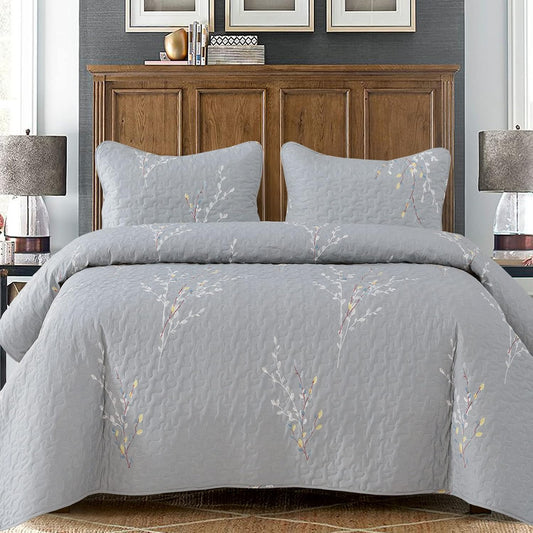 Exclusivo Mezcla Reversible Boho Quilt Set King Size, 3 Pieces Flowers Grey All Season Bedspreads, Ultra Soft Floral Coverlet Bedding Set with Printed Pattern (1 Quilt, 2 Pillow Shams)