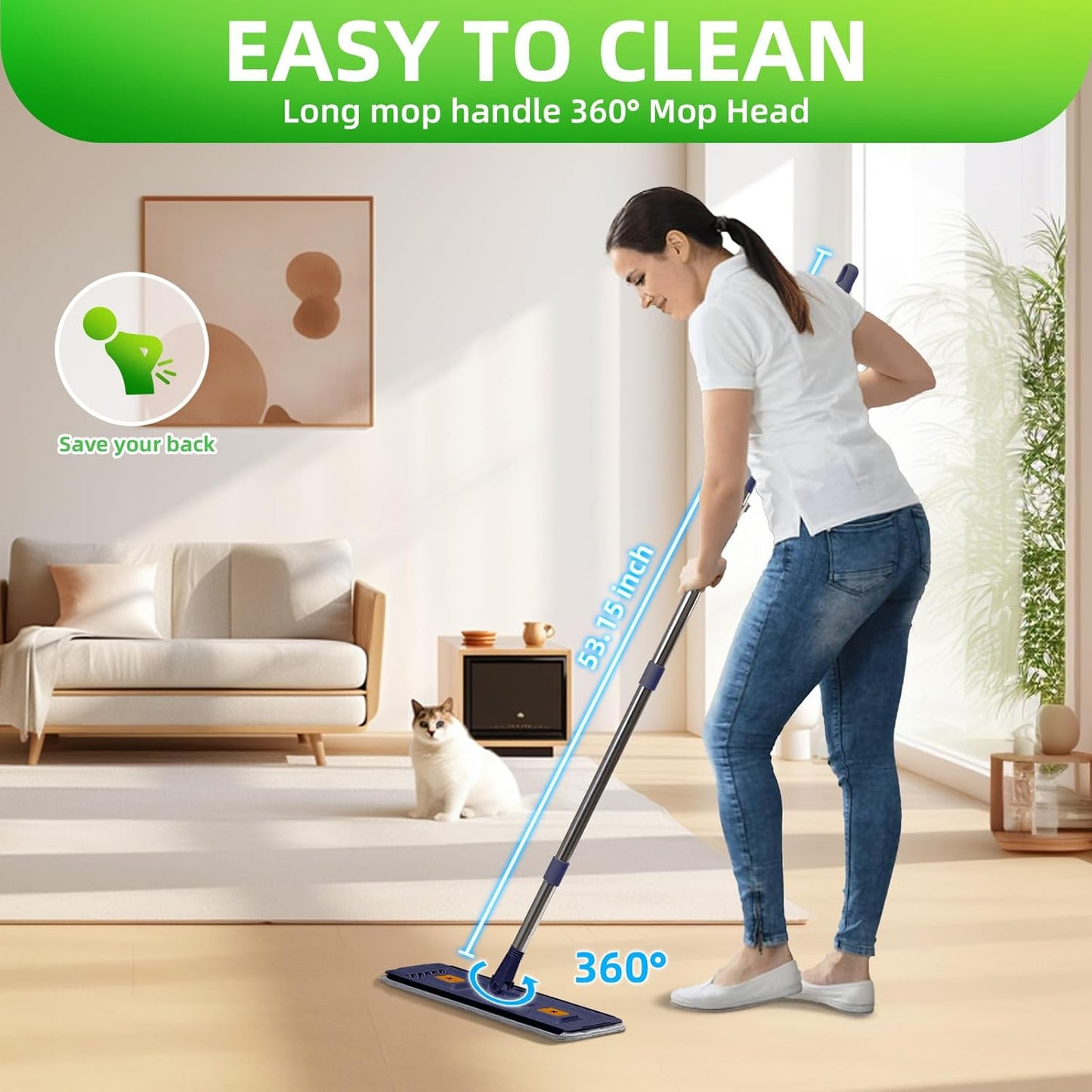 360° Mop and Bucket Set with Wringer – Microfiber Floor Mop System for Home Cleaning – Long Handle, Wash & Dry Dual Tank, Extra Absorbent Pads, Space-Saving Design for Hardwood, Tile & Laminate Floors